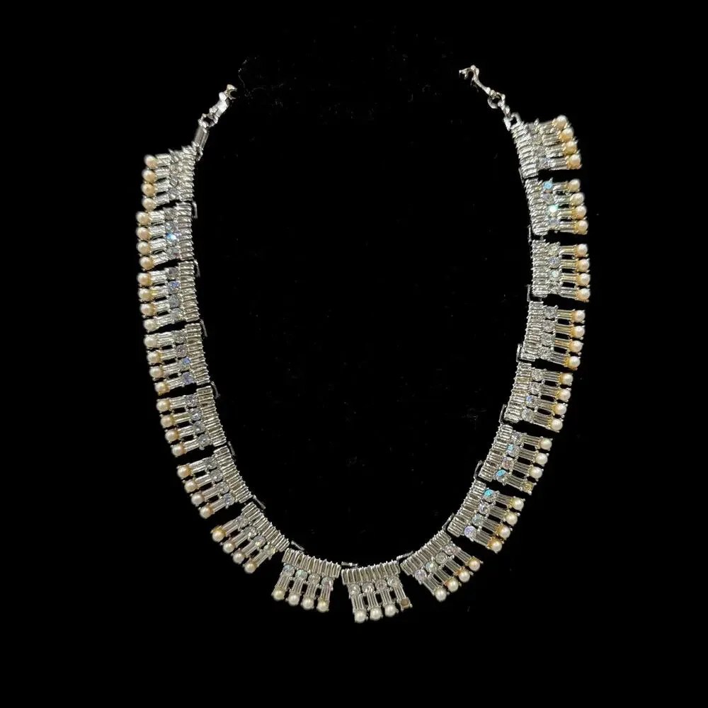 Vintage 1950s Coro AB Rhinestone Baguette Faux Pearl Fringe Choker Necklace 16”